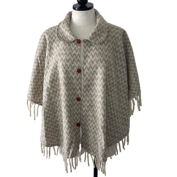 Artilana Sweaters - Artilana Vintage Womens Poncho One Size Tan Button Down Fringe Cape Zig Zag